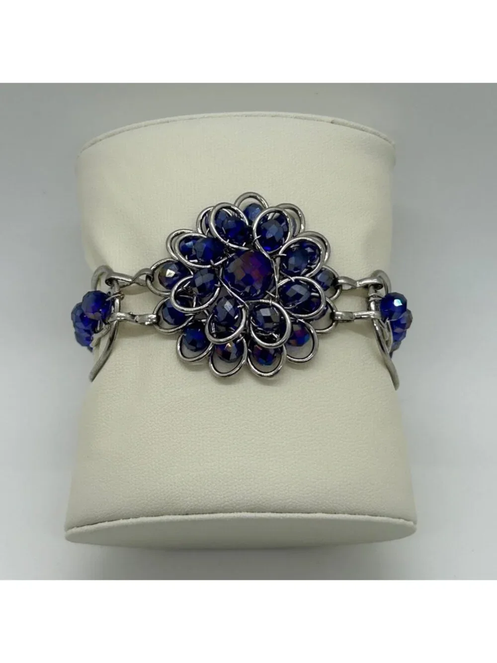 Handcrafted Silver-Tone Blue Rhinestone Crystal Floral Rosette Toggle Clasp Stat